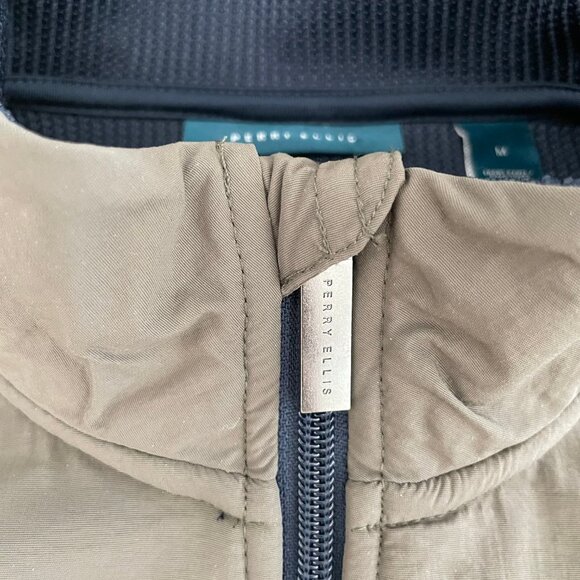 Perry Ellis Full Zip Two Color Fabric Design Jacket Olive Green + Navy Sz M - Picture 14 of 15